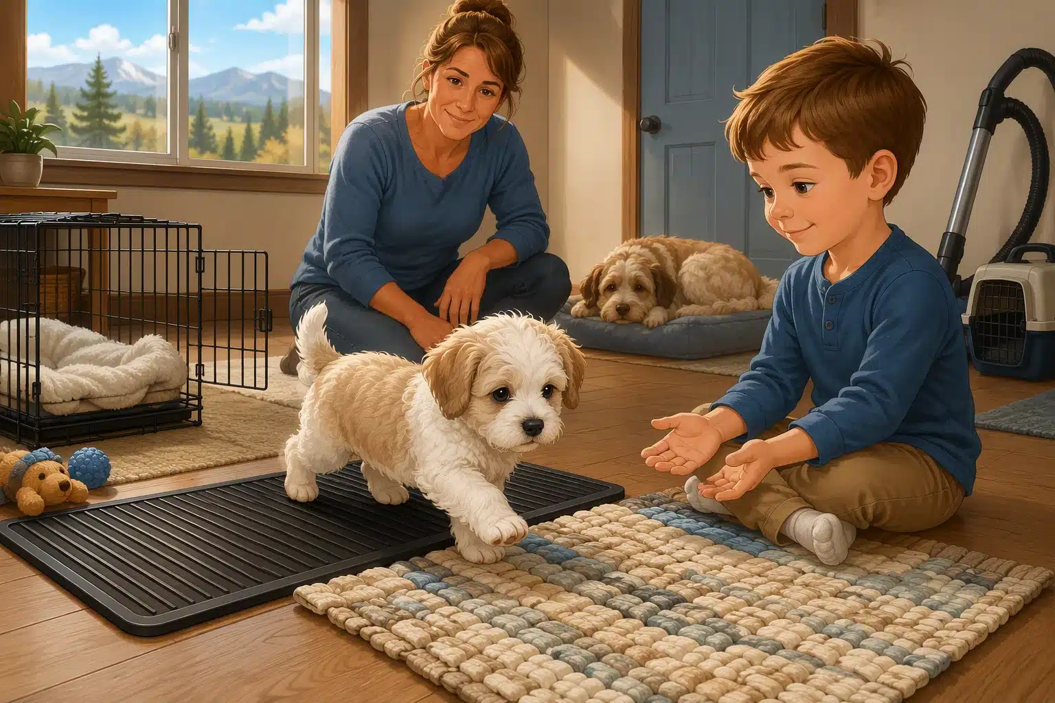 Havanese puppy exploring textured mats beside child
