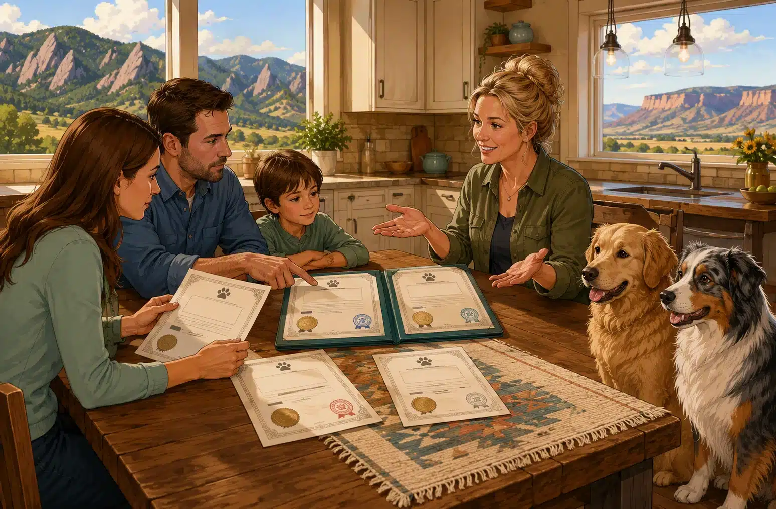 Family and two dogs review adoption papers at a wooden table, with a scenic Colorado Front Range mountain view through the kitchen window. Keywords: Front Range, Western Slope breeders, families.