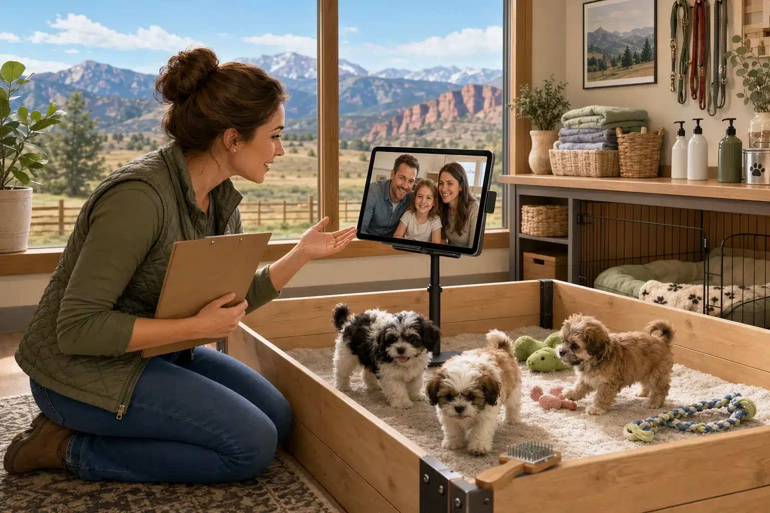 A video call with a breeder while puppies play nearby