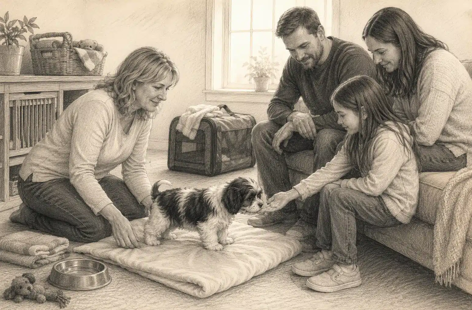 Gentle breeder handing Havanese to seated family