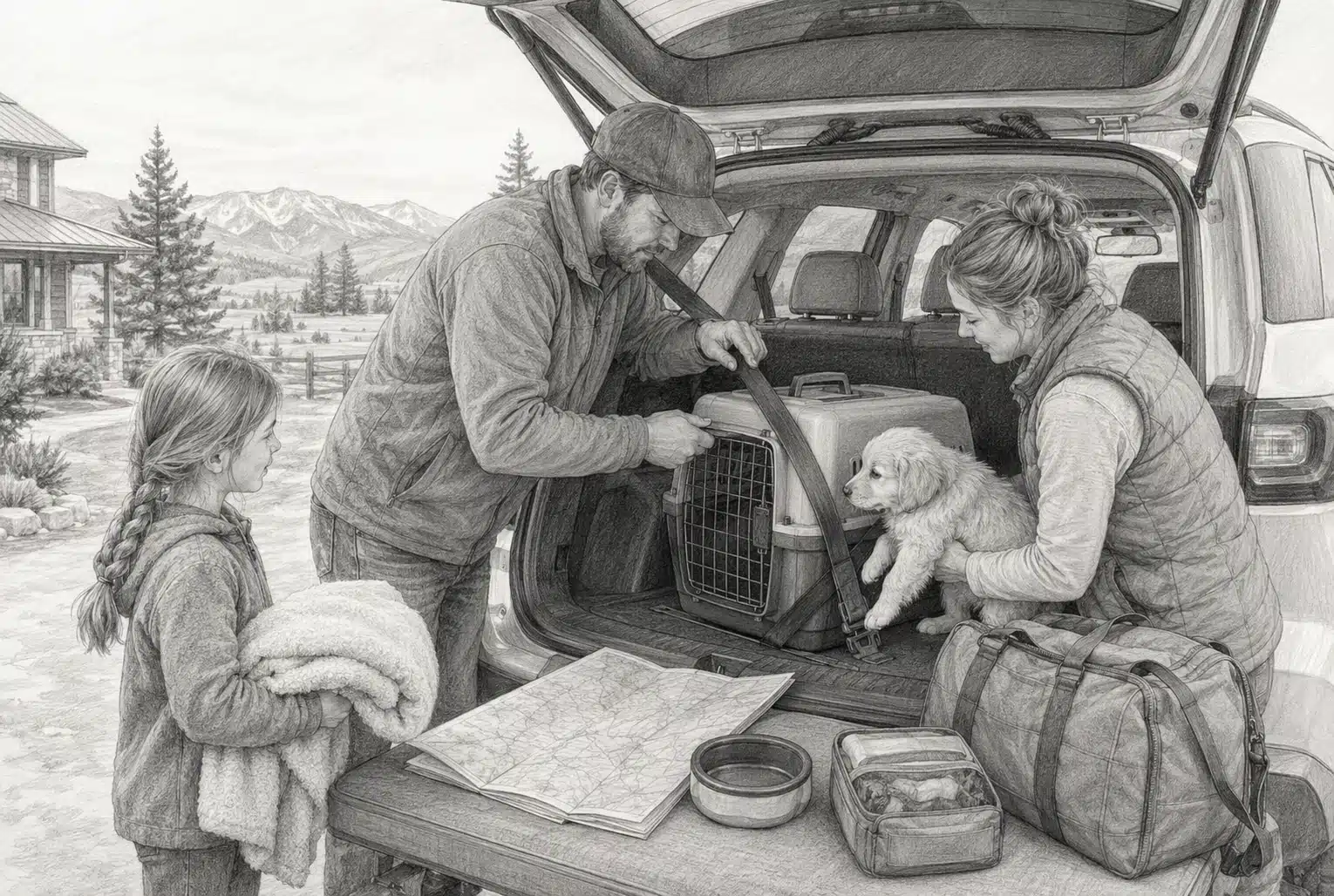Idaho family securing puppy carrier in SUV