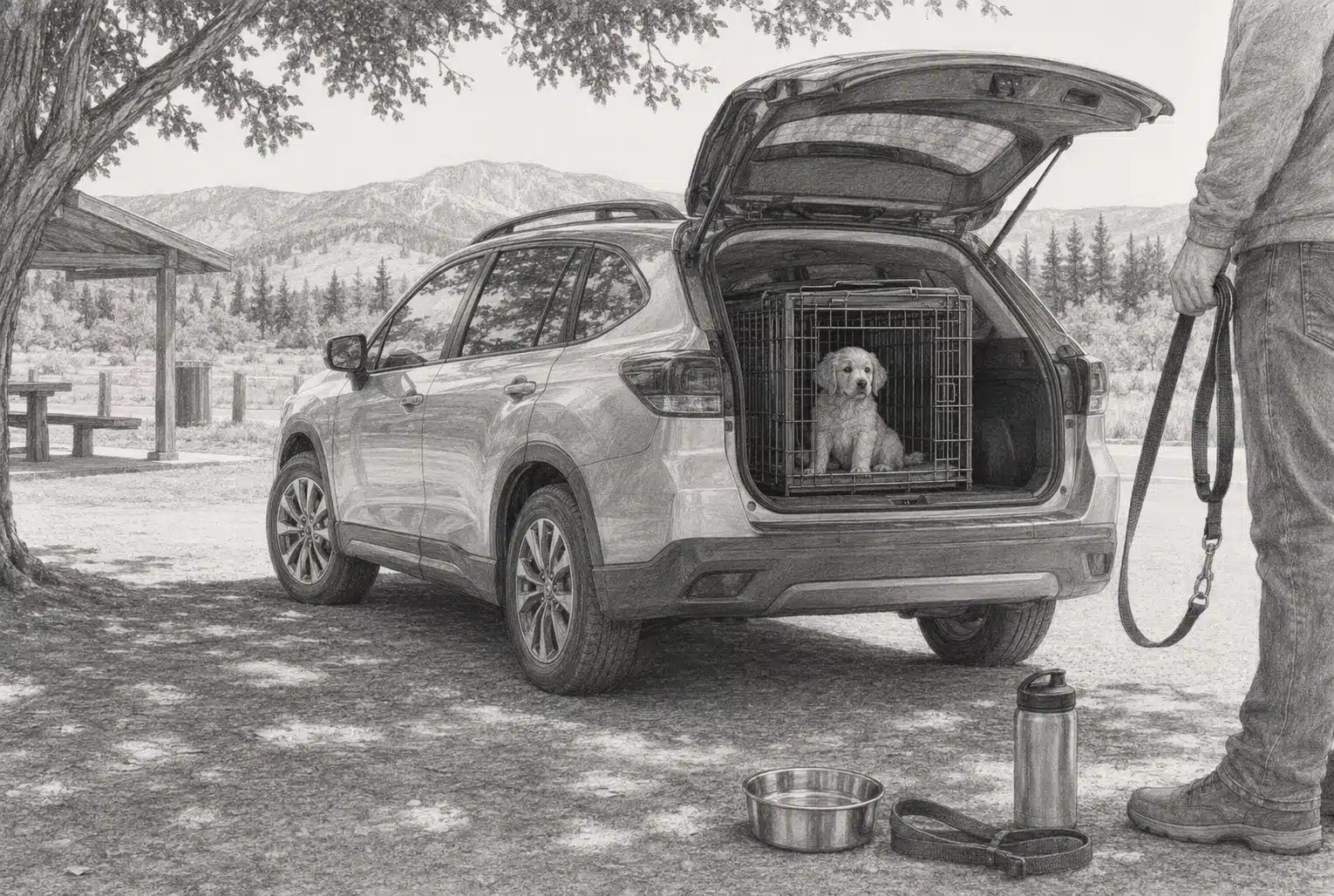 Puppy resting beside travel crate at Idaho rest stop
