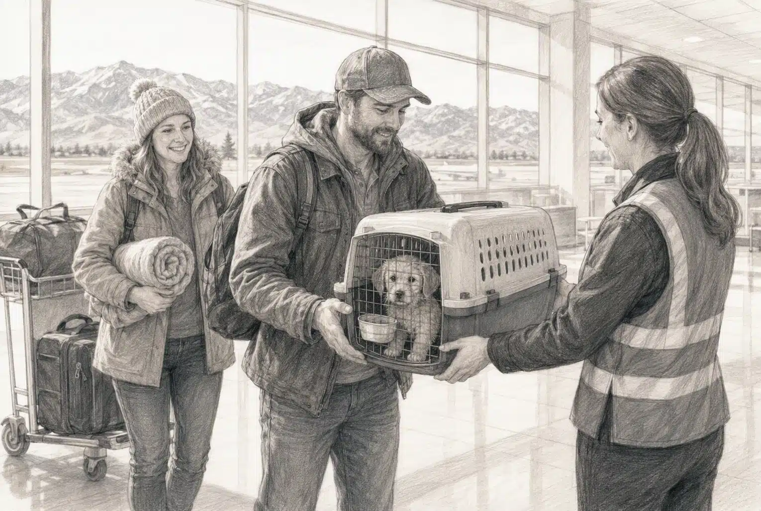 Idaho parent receiving puppy carrier at airport