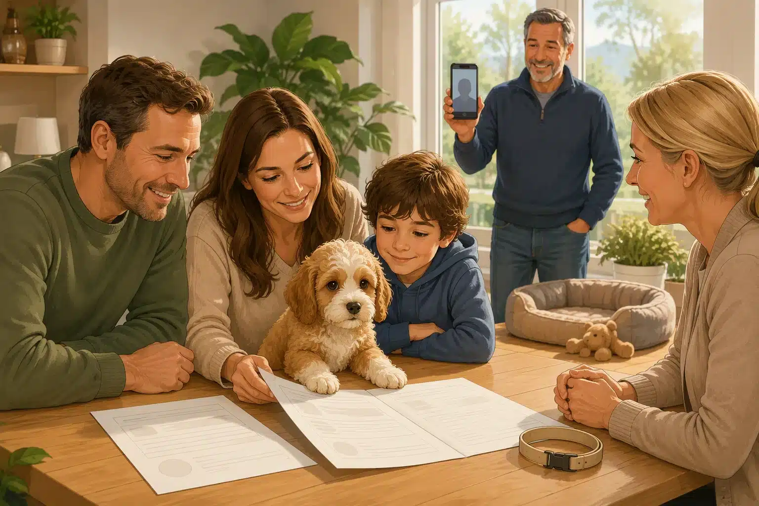 Family reviewing puppy contract beside playful Cavapoo