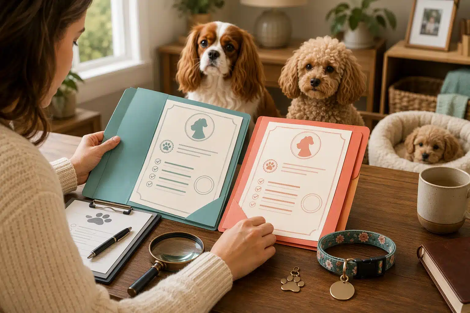 Breeder sorting parent health certificates beside puppy collar