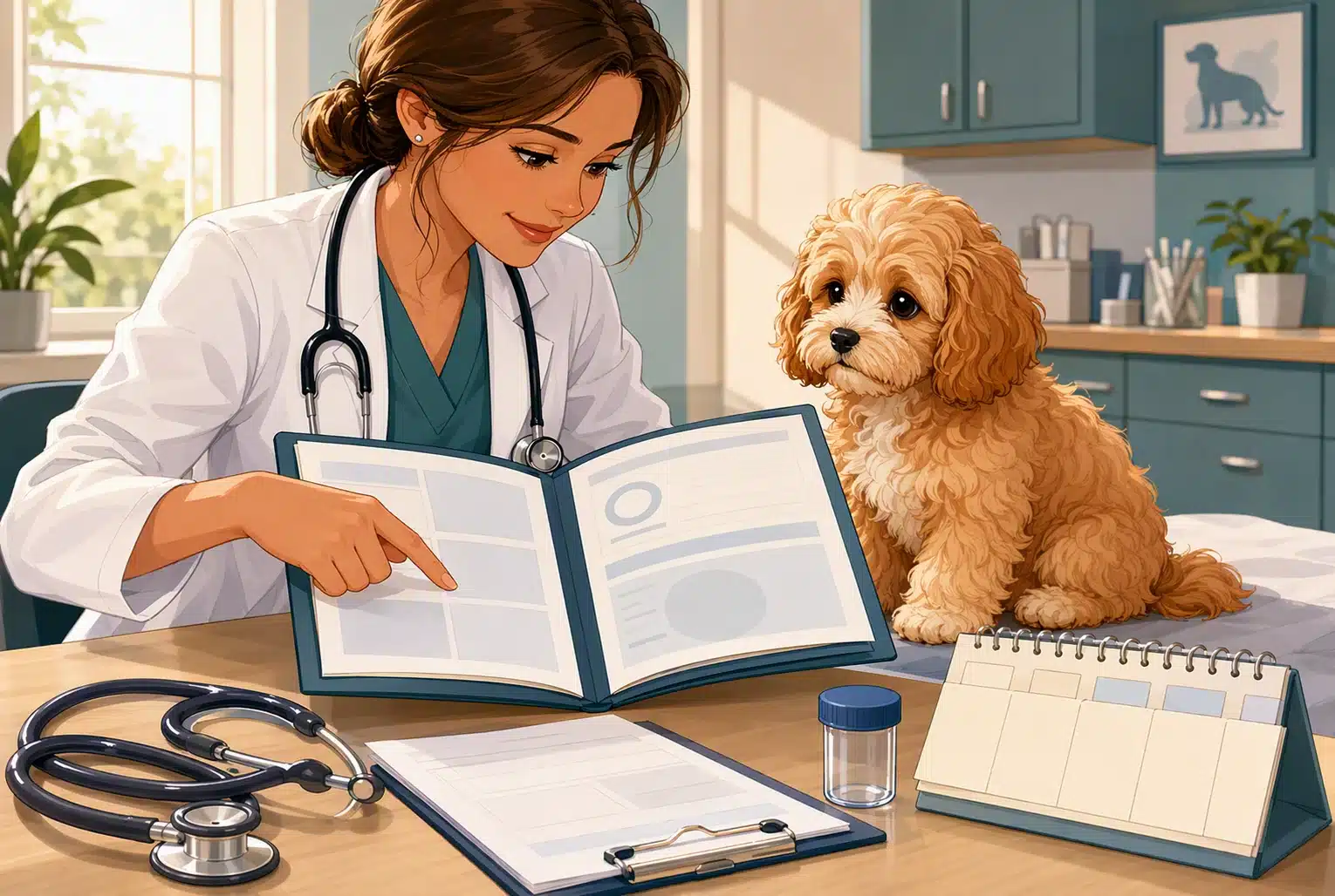 Veterinarian reviewing Cavapoo health records with stethoscope