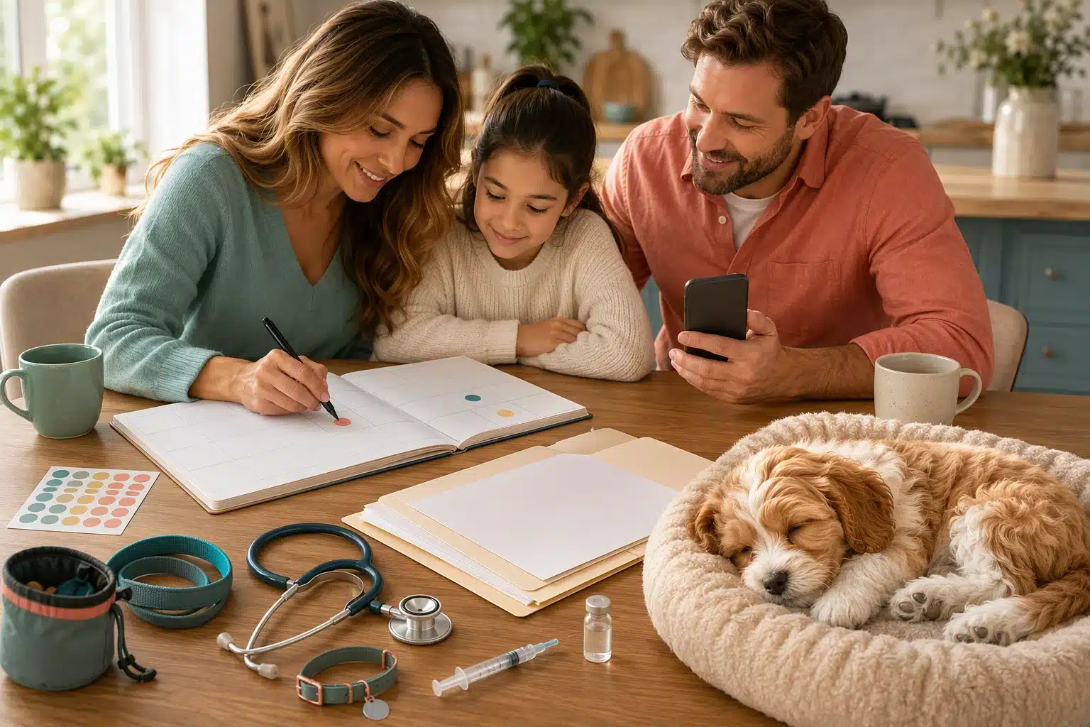 Family updating puppy care calendar beside sleeping Cavapoo