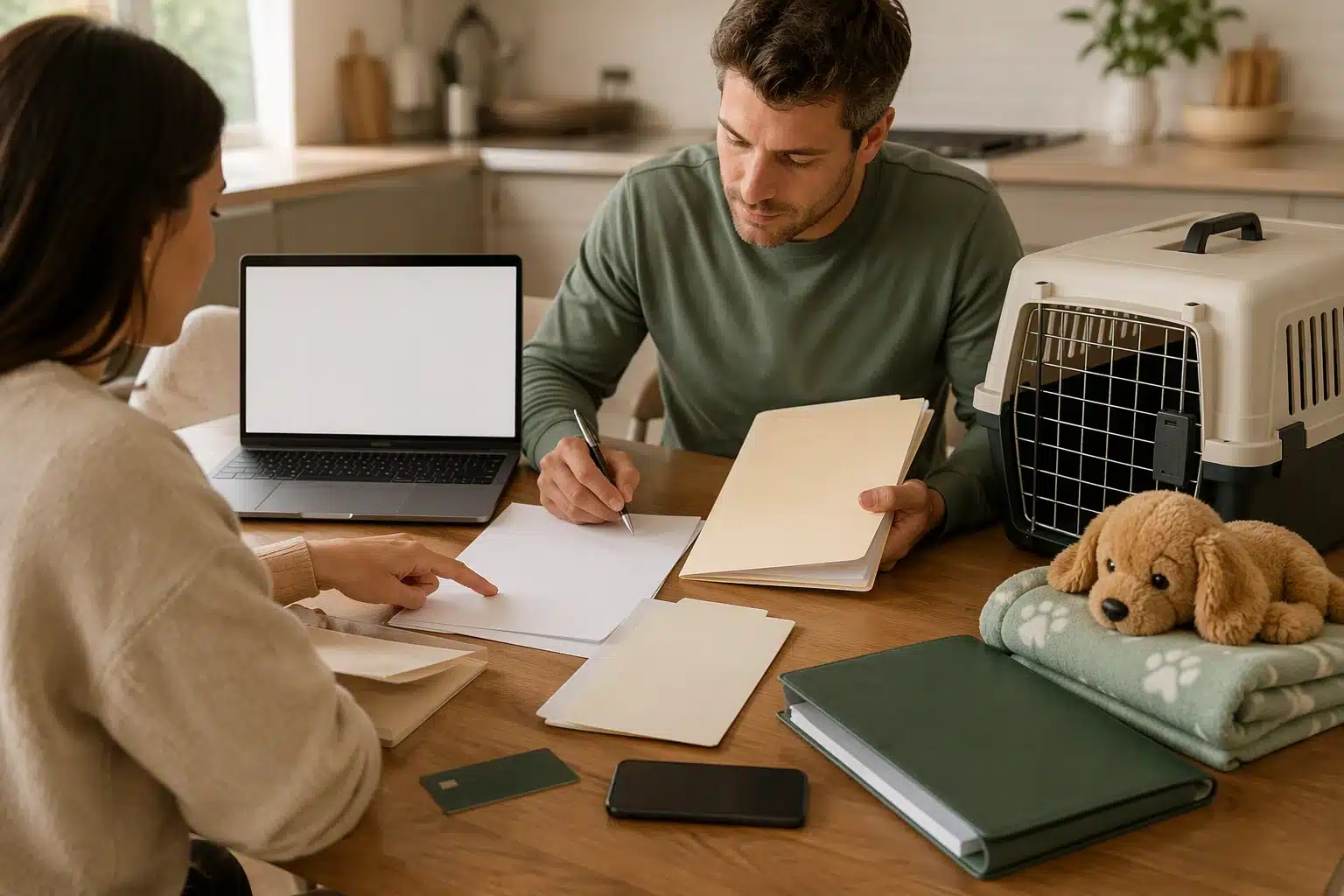 Parents reviewing puppy agreement beside travel crate