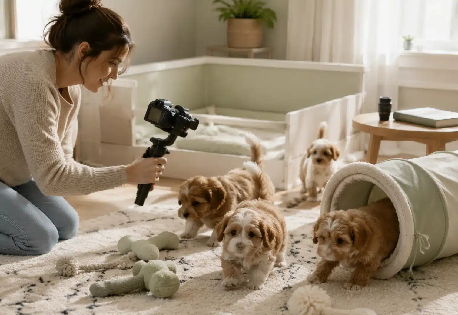 Breeder films puppies playing in sunlit nursery