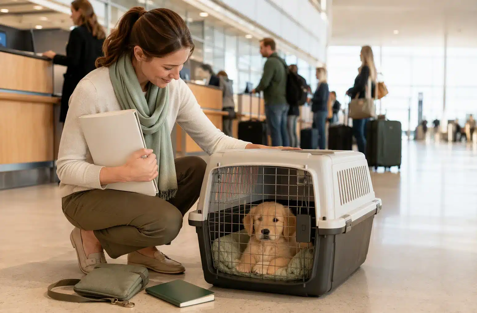 Puppy in travel crate at airport check-in