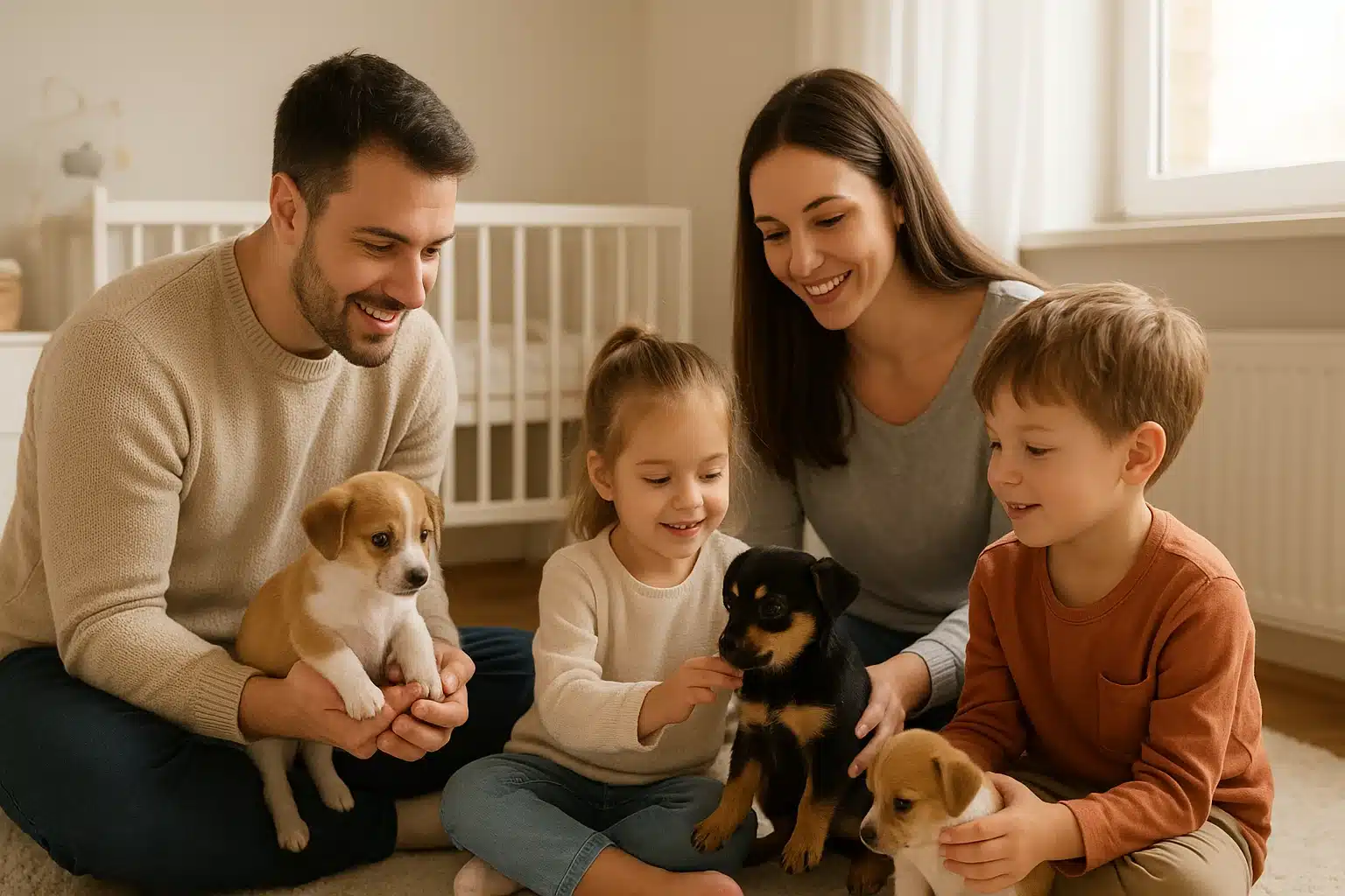 A happy family with two young children and their new puppies, a light brown and white dog and a black and brown dog, sit on the floor in a bright, nursery-like room, possibly after choosing a breeder.