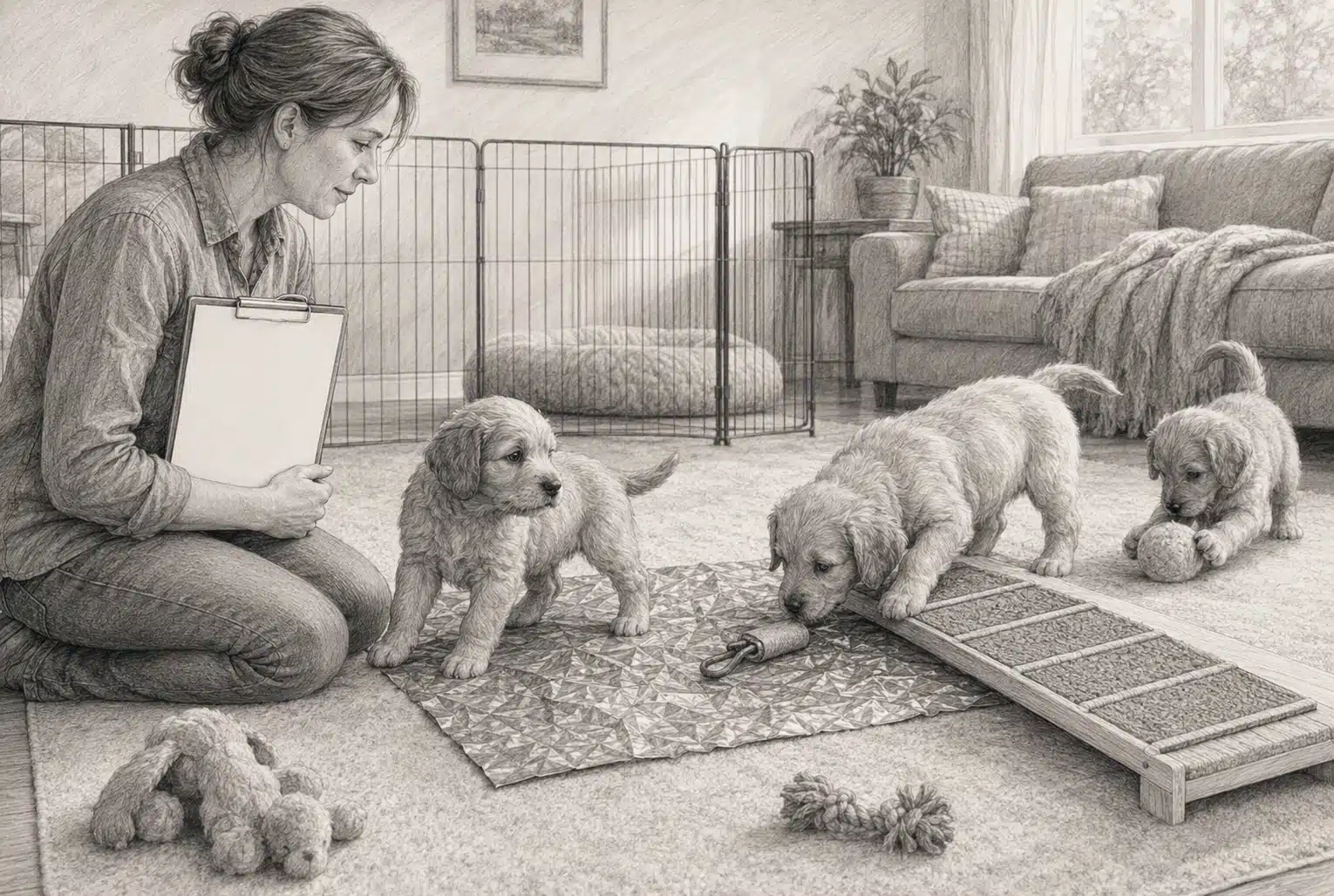 Breeder observes puppies exploring novel surfaces