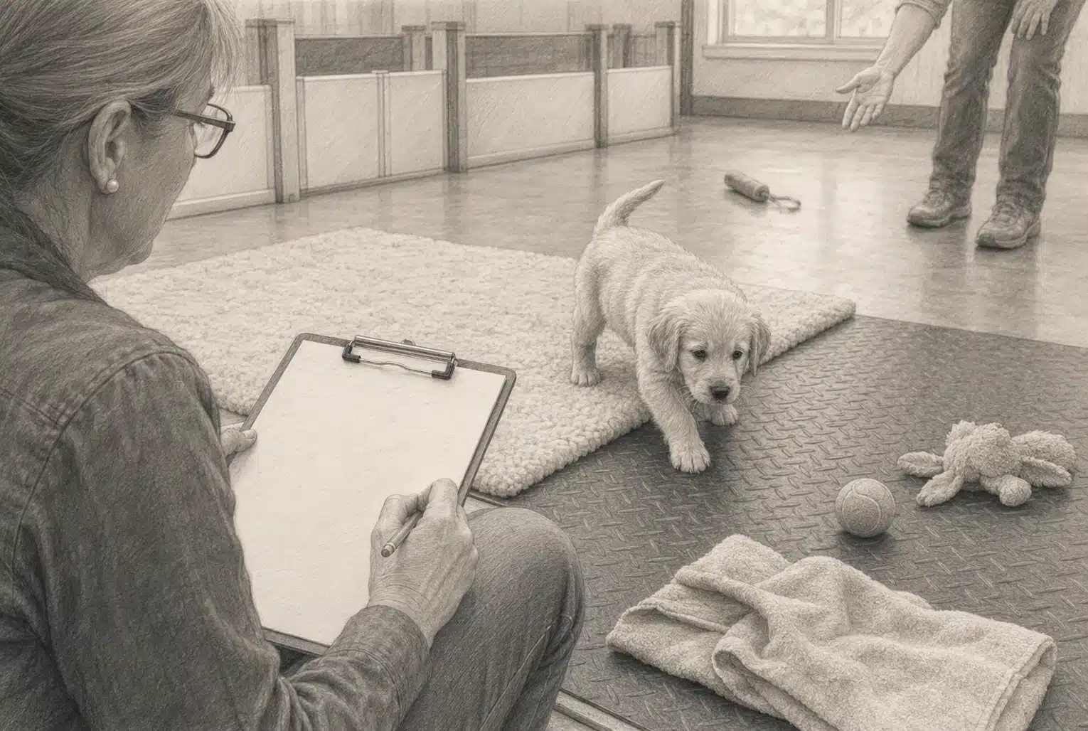 Close-up breeder noting puppy reactions