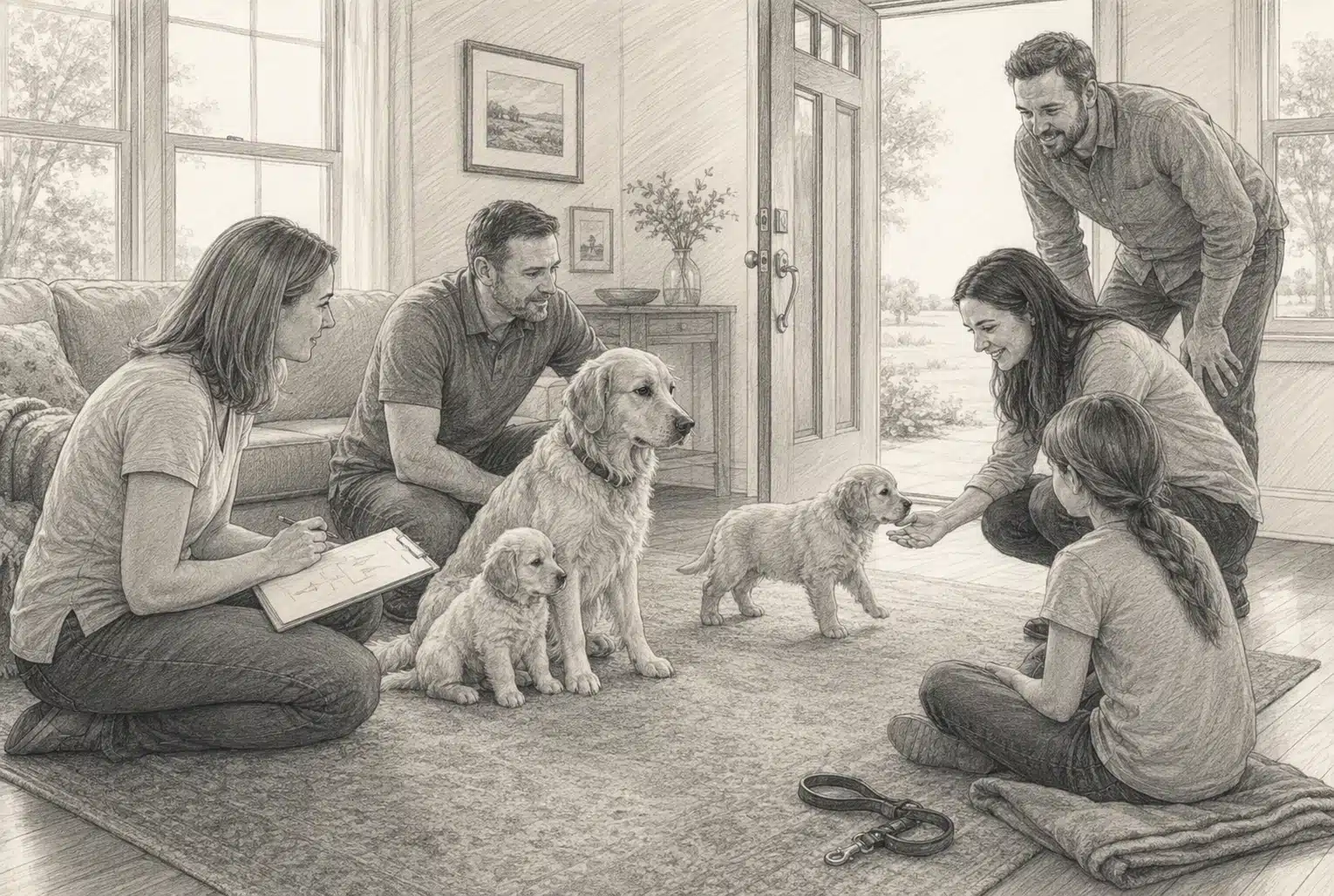 Family observing two puppies in a bright living room
