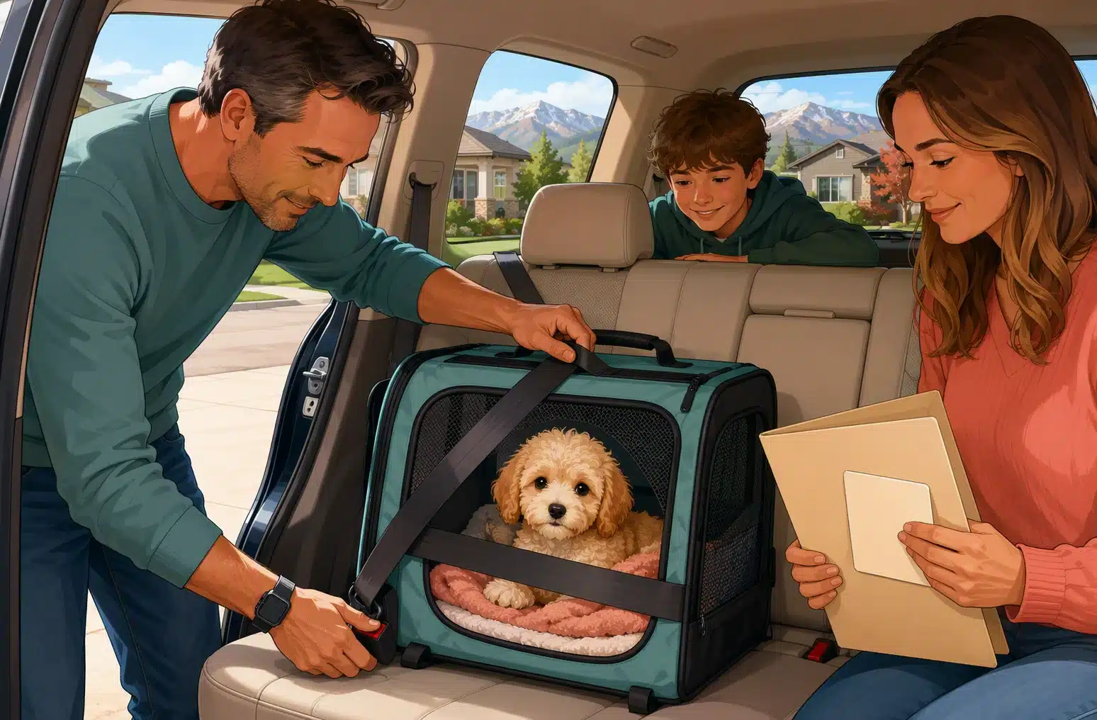 Family securing puppy carrier in car back seat