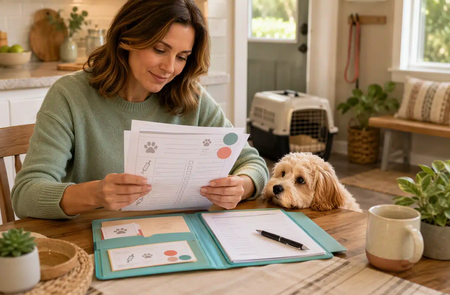 Parent reviewing puppy vaccine records at kitchen table