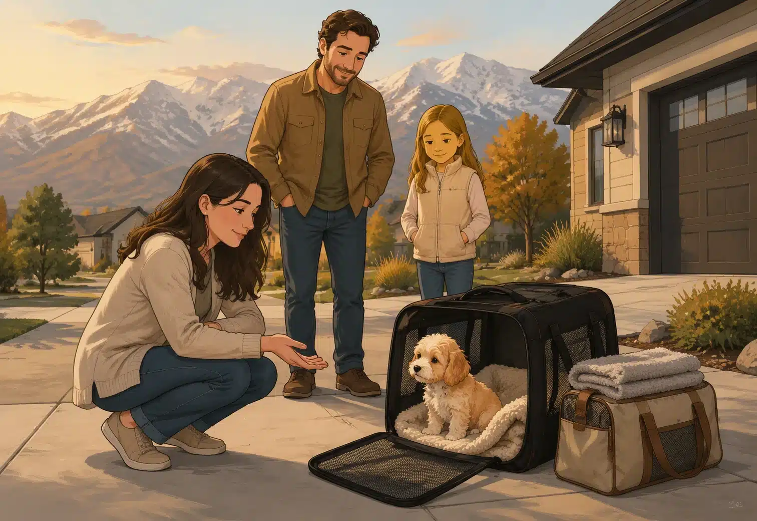 Calm family meeting fluffy Havapoo puppy outdoors