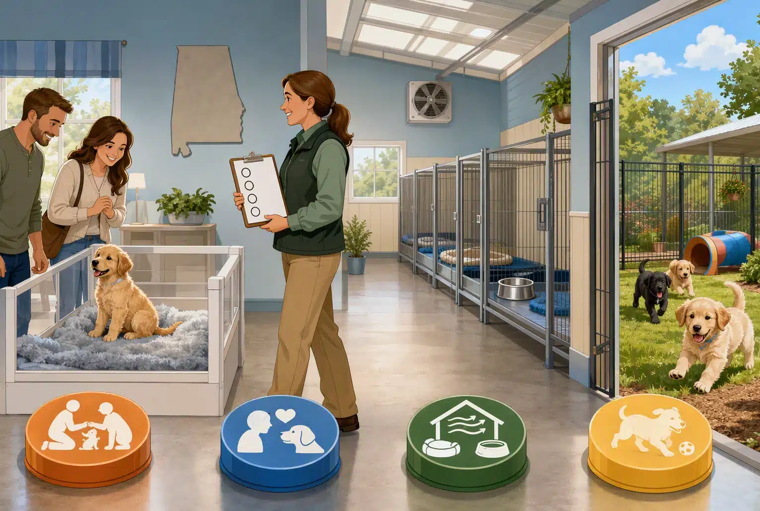 Cartoon inspector reviewing puppy breeder license checklist