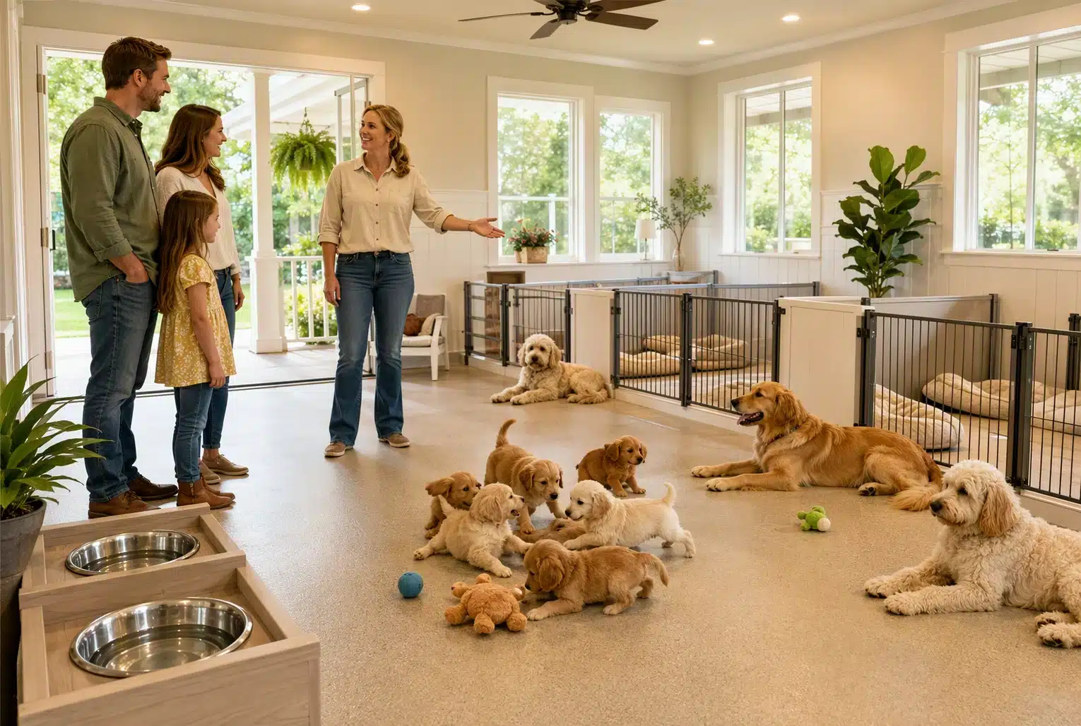 A bright room with puppies playing on clean bedding