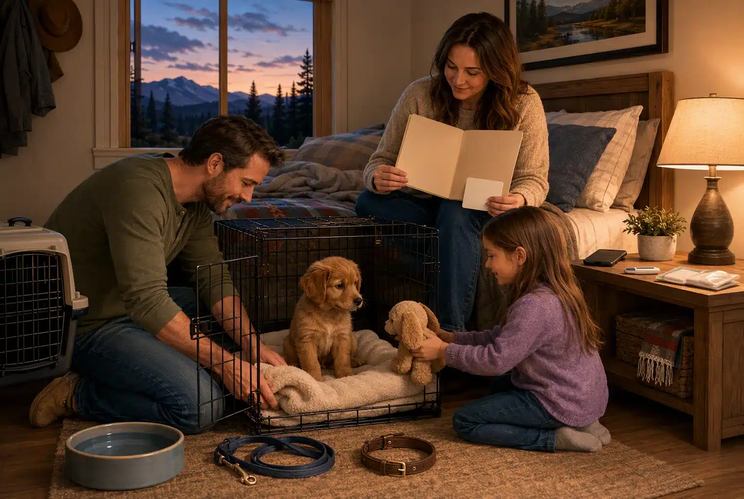 Family settling puppy into bedside crate