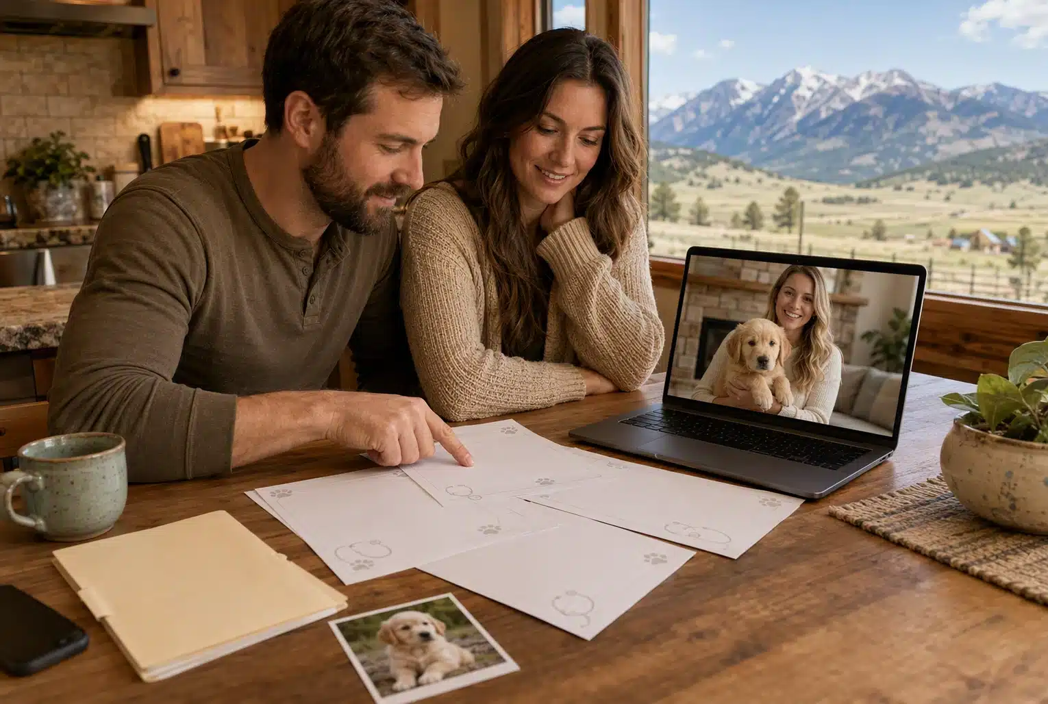 Montana couple reviewing puppy records on video call