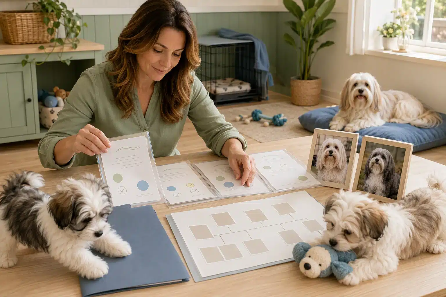 Breeder organizing health records beside puppies