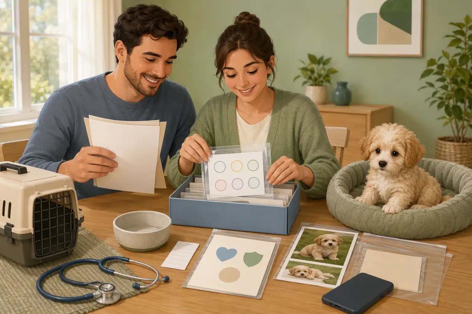 Family reviewing puppy health records together