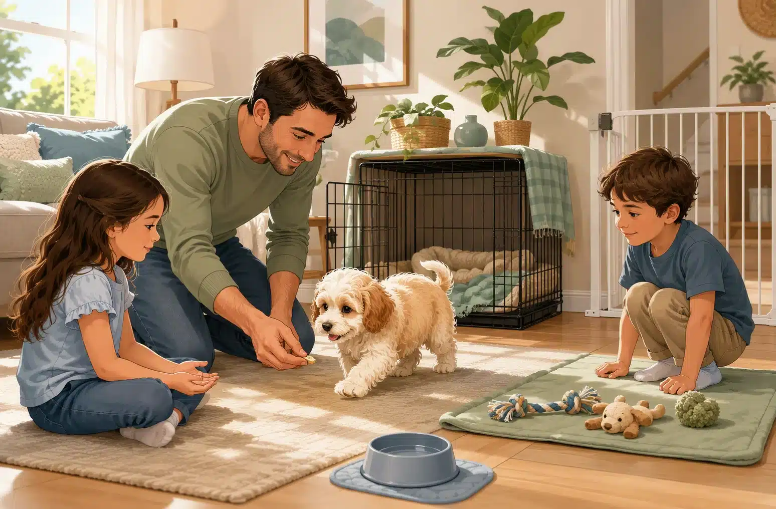 Parent guiding puppy to patient children