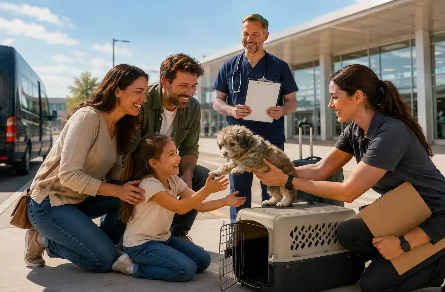 Family greeting puppy at airport arrivals curb