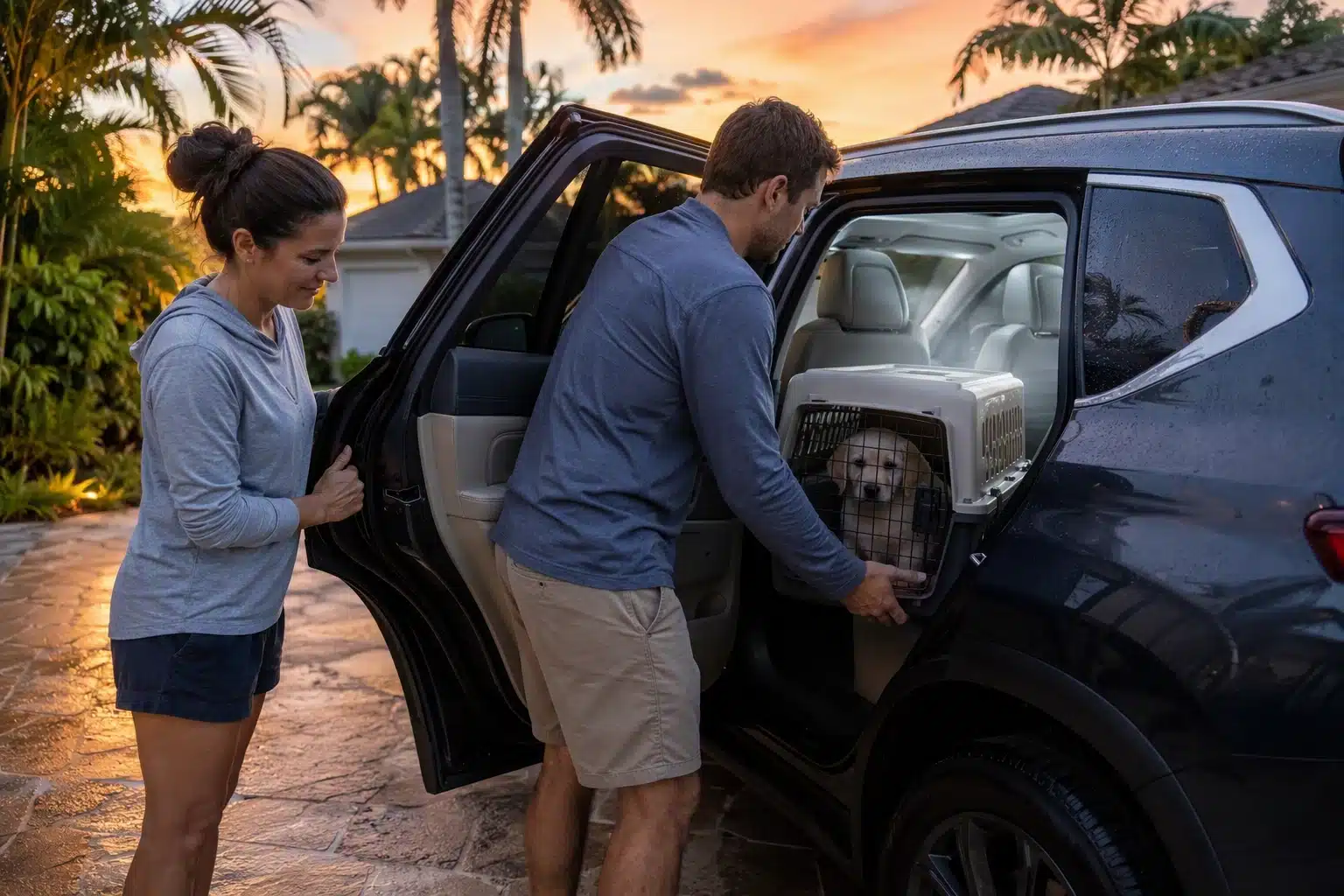 Family loading puppy carrier into SUV at sunrise