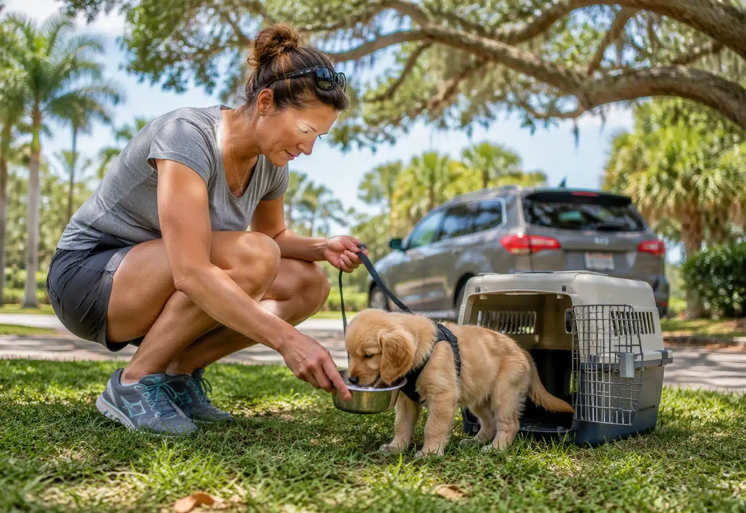 Parent offering water beside shaded puppy carrier