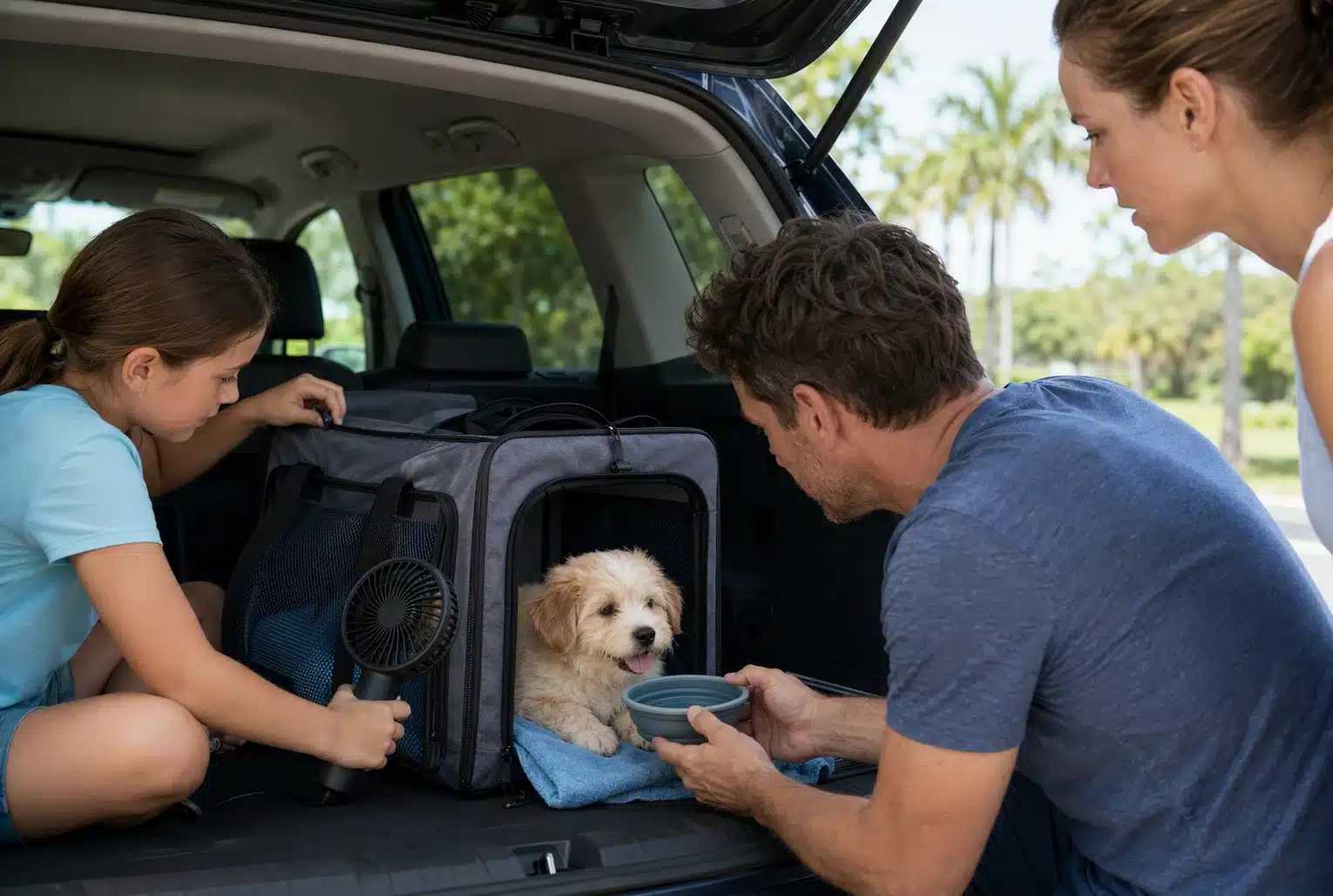 A family checks on a panting puppy inside an air-conditioned SUV