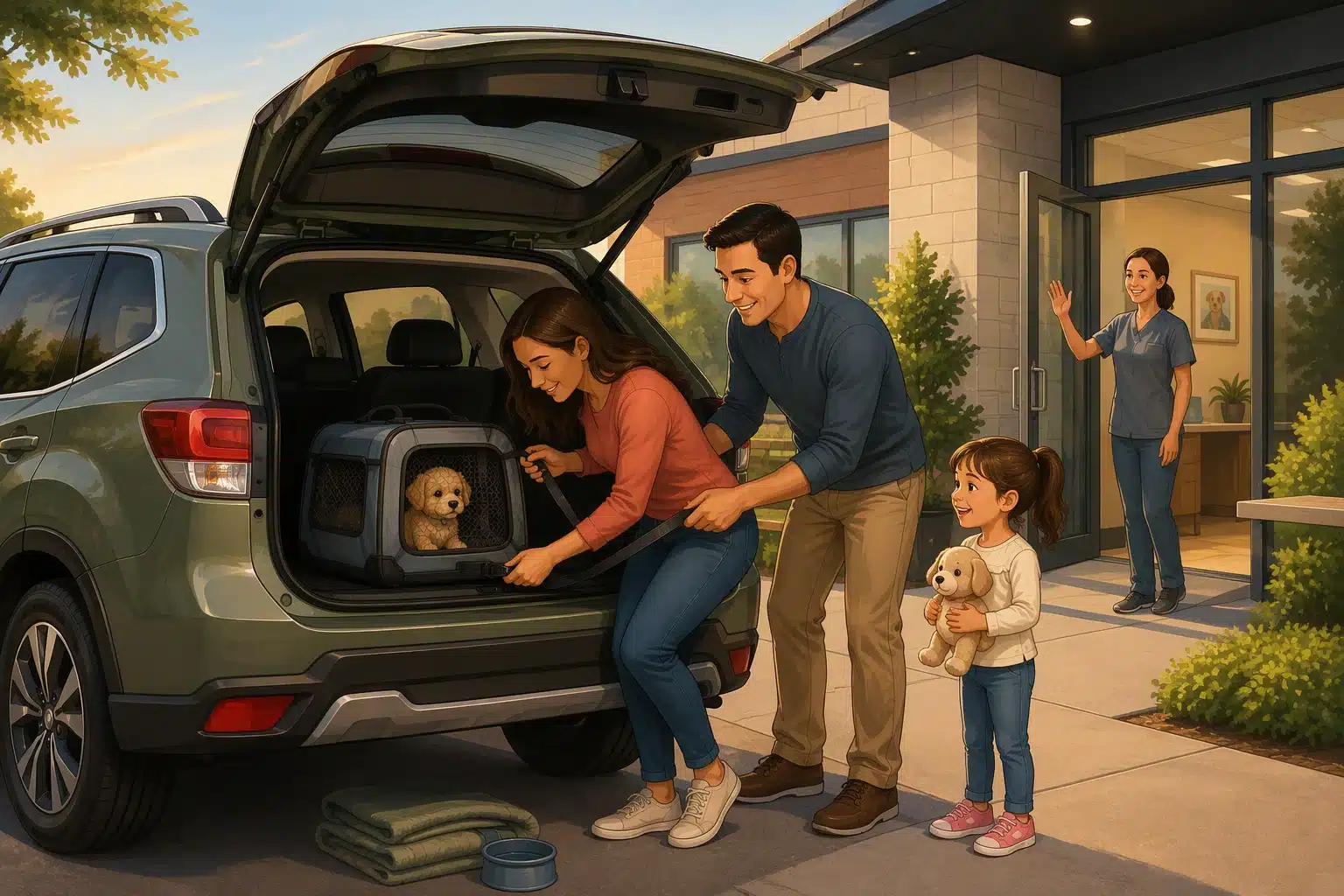 Family securing puppy carrier in SUV