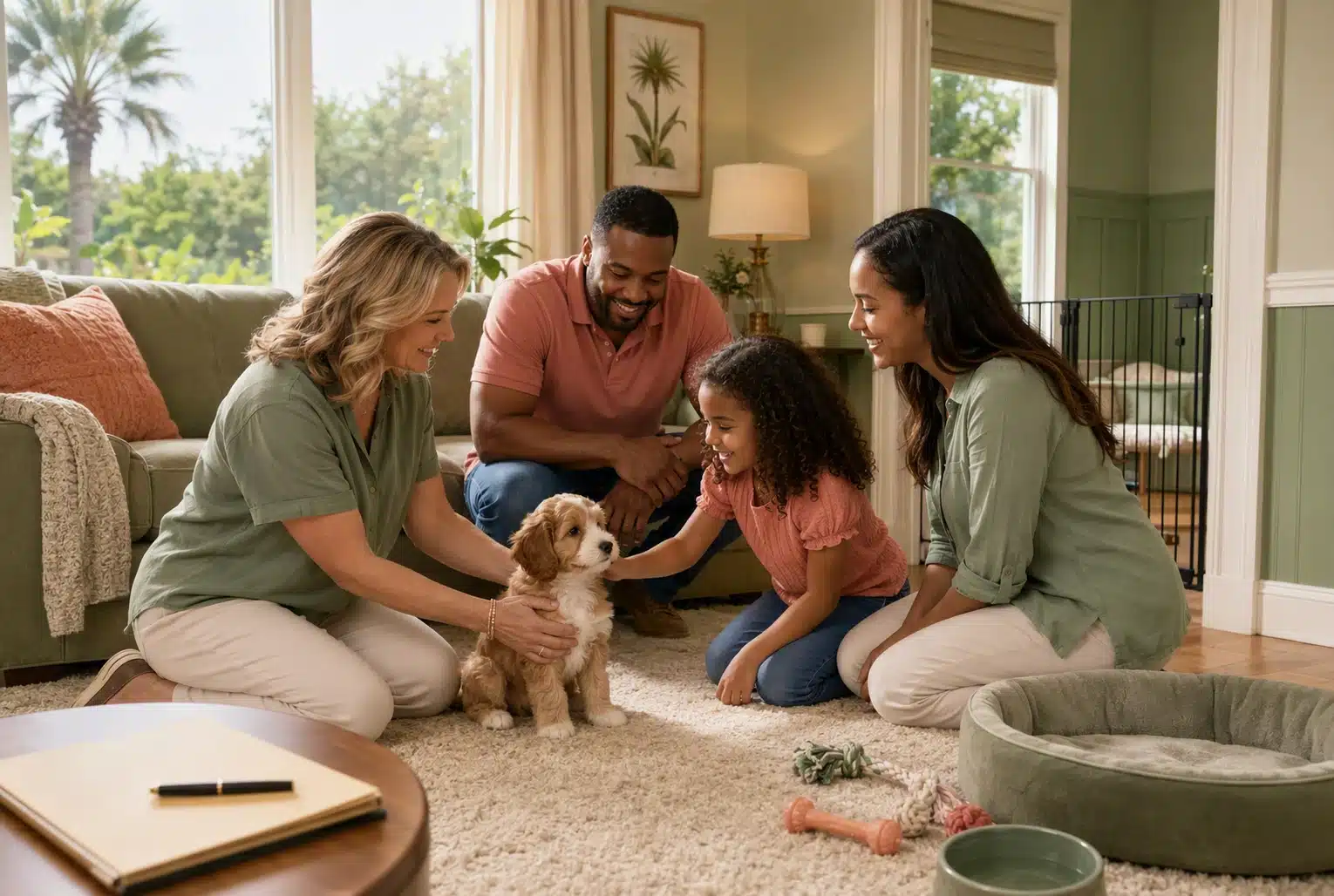 A family meeting a puppy with its breeder