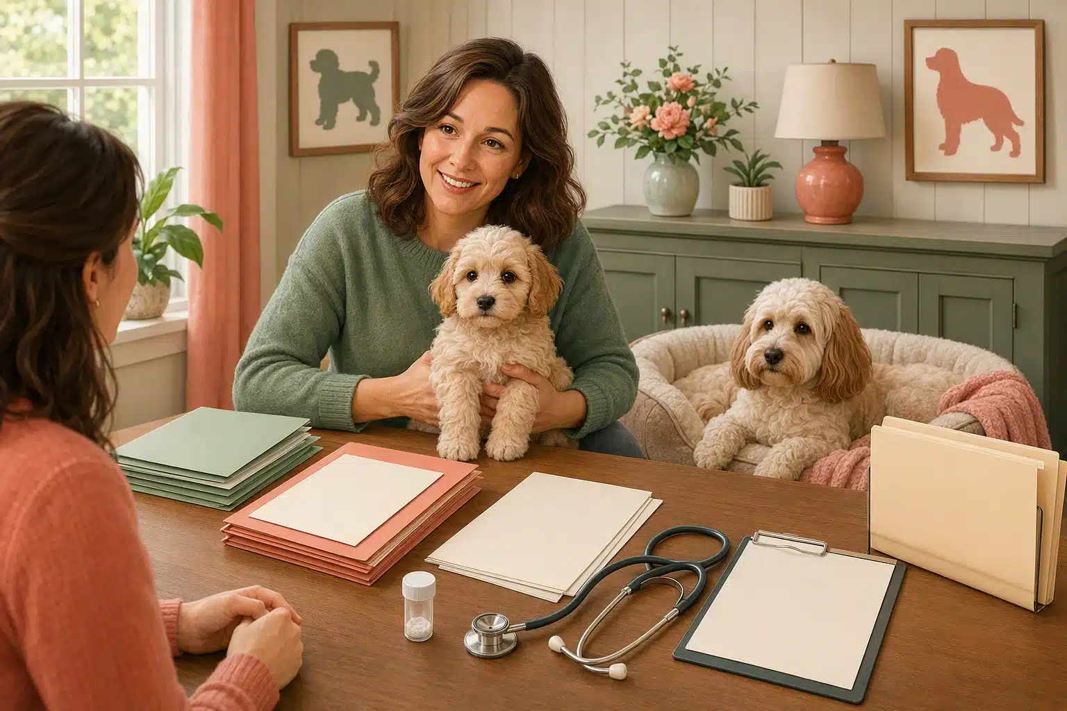 Breeder showing puppy beside health records