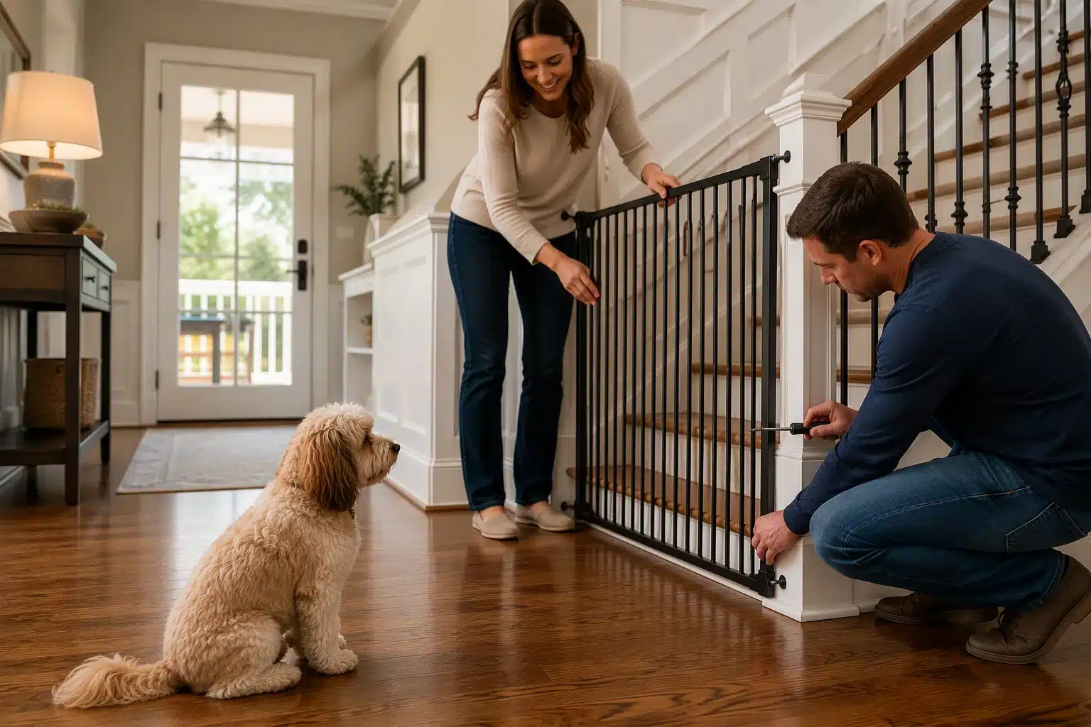 Stair gate blocks puppy from open staircase