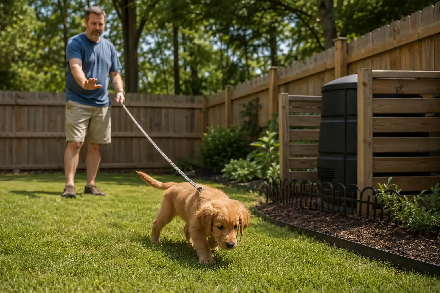 Puppy exploring fenced Georgia lawn with owner