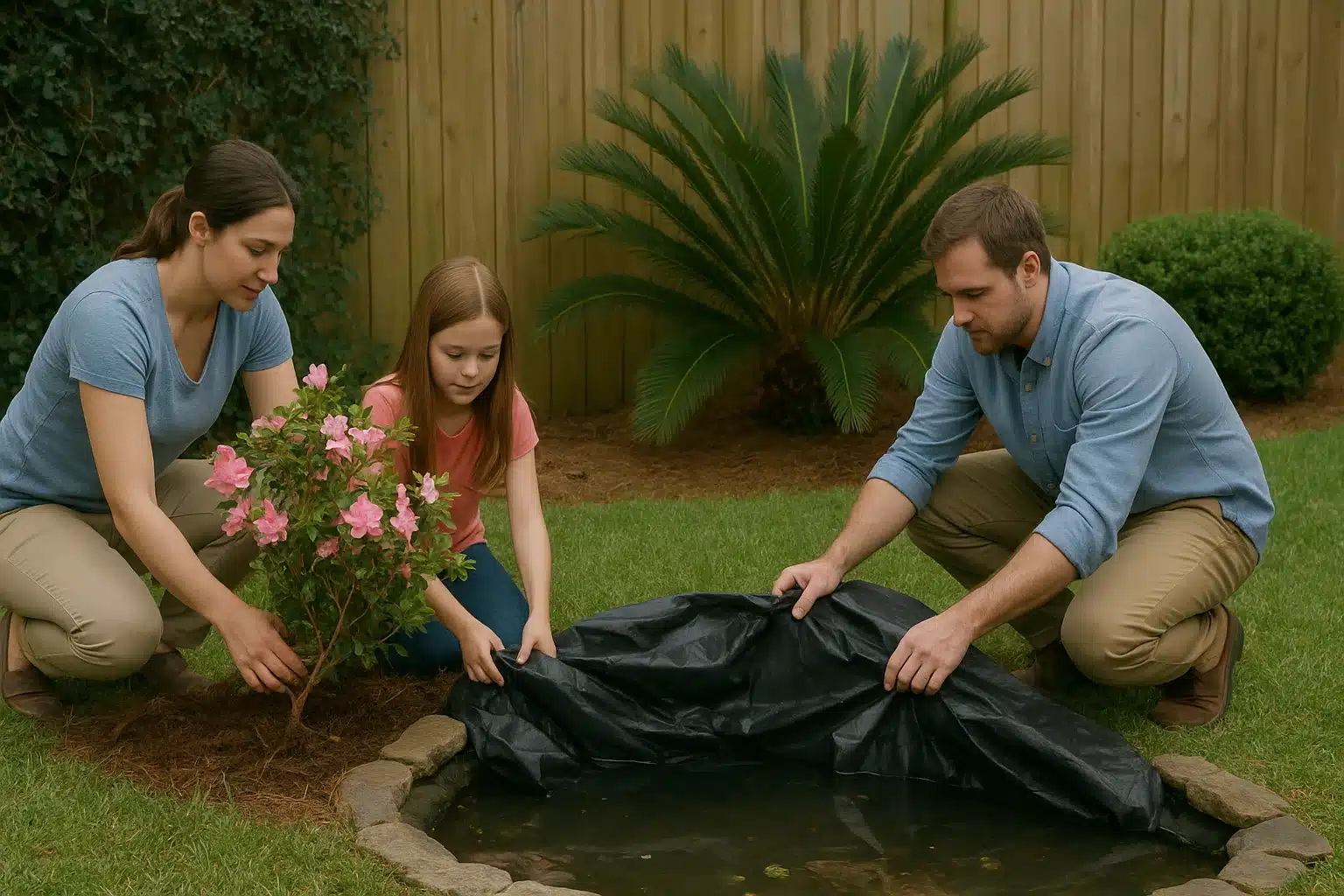 Family inspecting azaleas beside fenced backyard pond