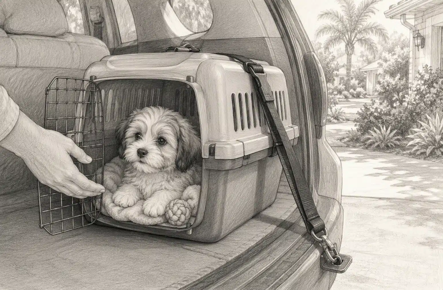Havanese puppy resting in secured travel carrier