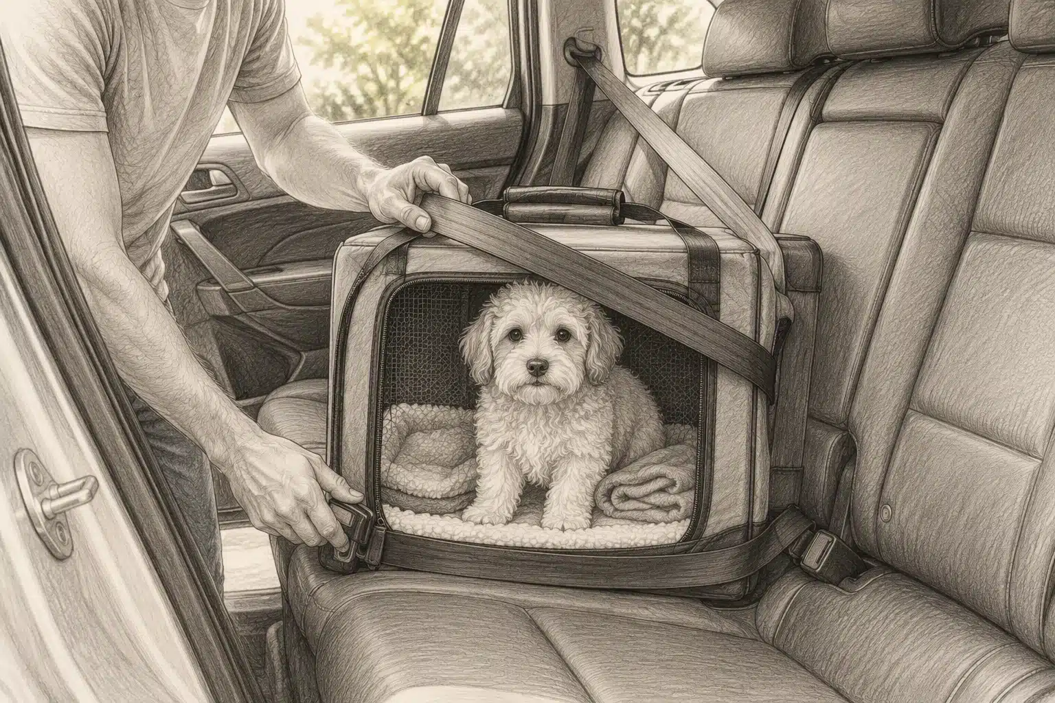 Secure crate strapped in backseat