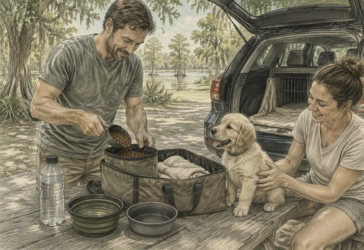 Family packing travel tote with puppy supplies
