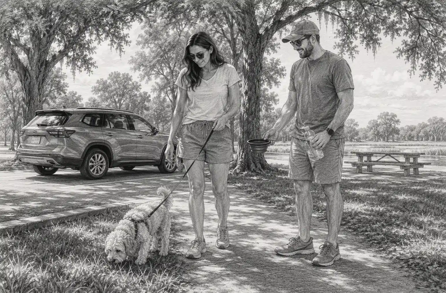 Family walking a leashed puppy by a shaded roadside