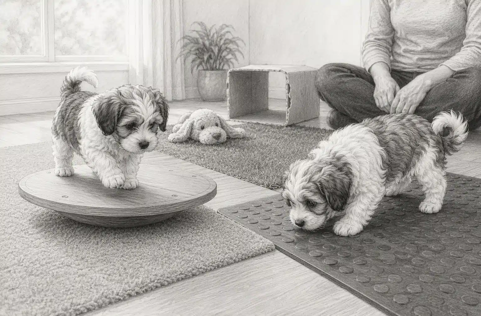 Havanese puppies exploring wobble board textures
