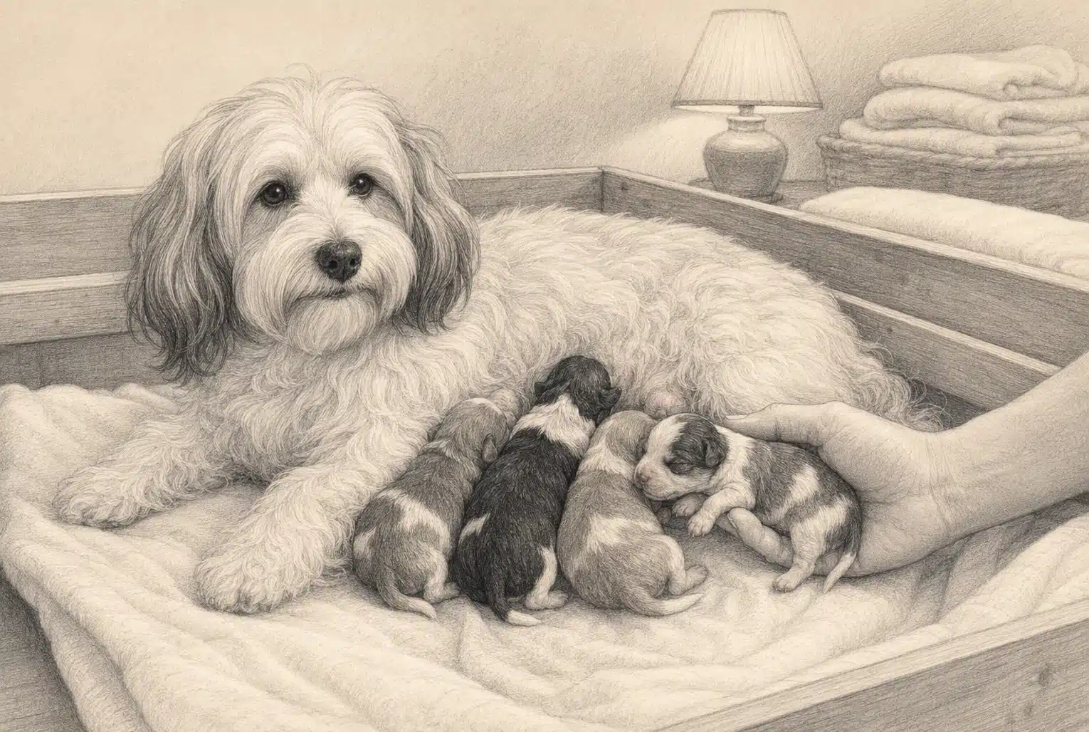 Mother Havanese resting with newborn puppies