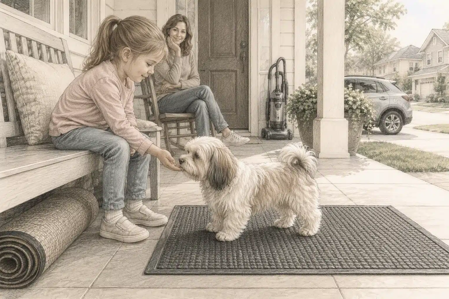 Pencil sketch of puppy meeting people outdoors