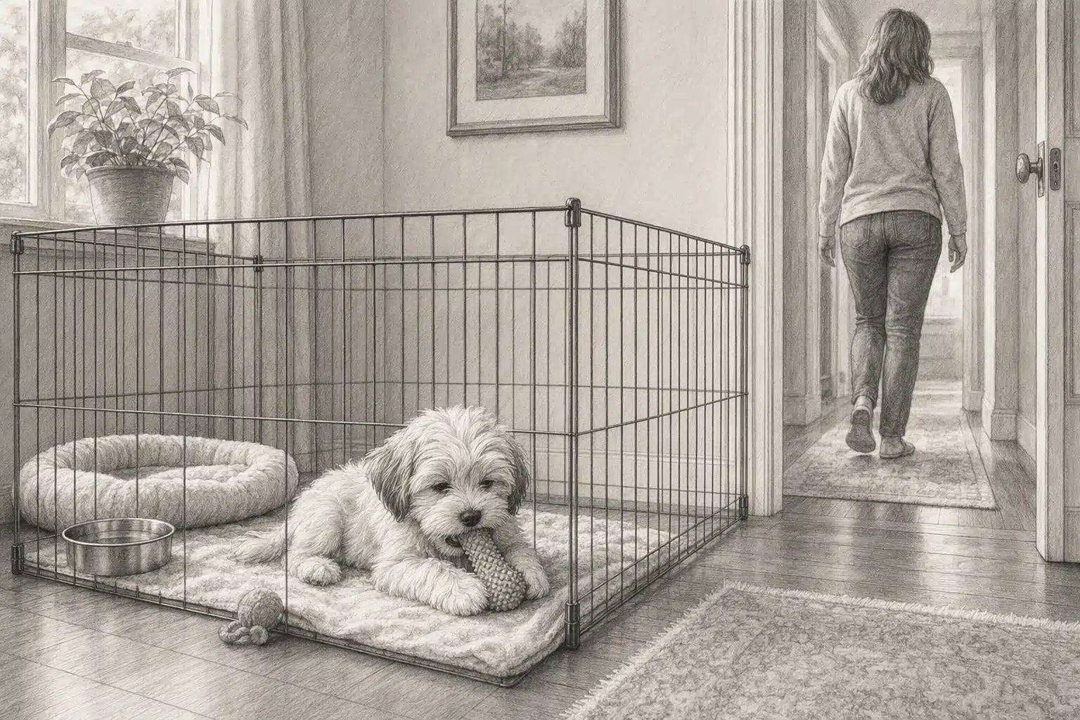 Havanese puppy resting calmly in pen while owner steps away