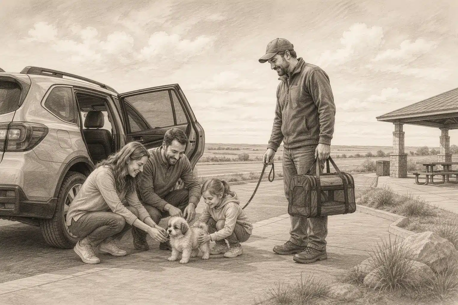 Pencil sketch of family meeting puppy at rest stop