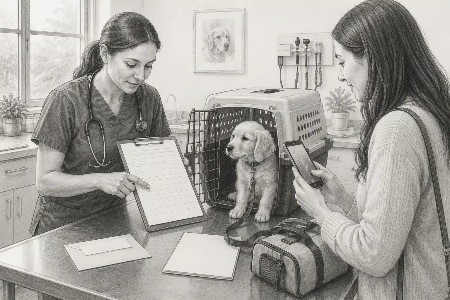 Veterinarian checking health certificate beside travel crate