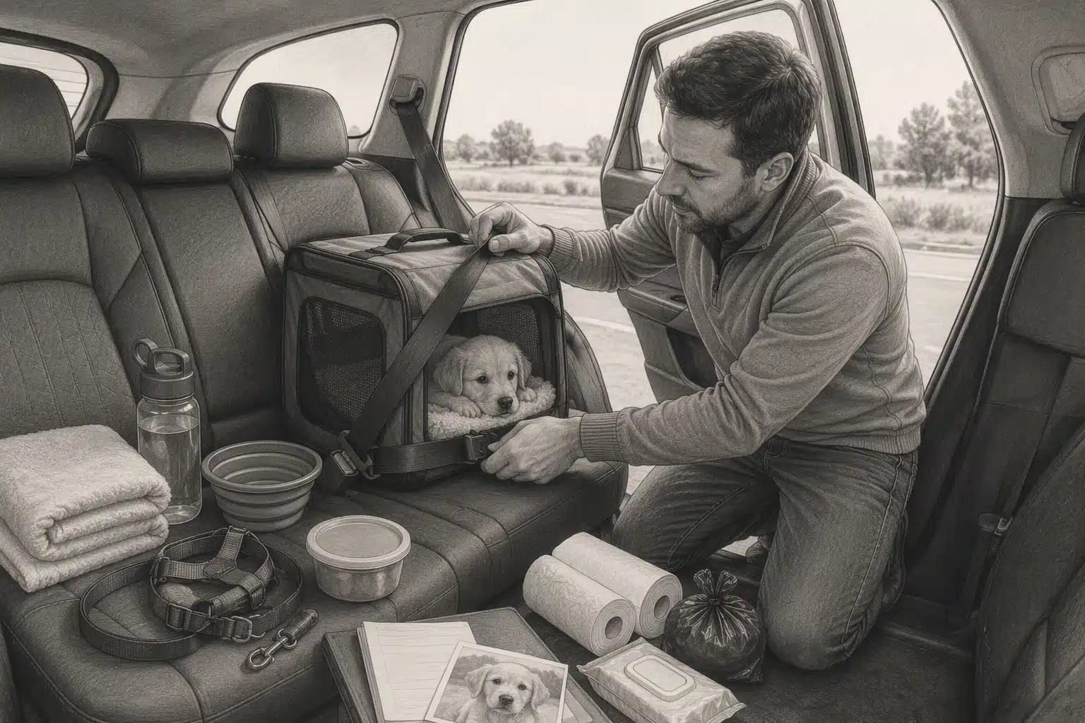 Pencil sketch of a person securing a puppy carrier in an SUV back seat