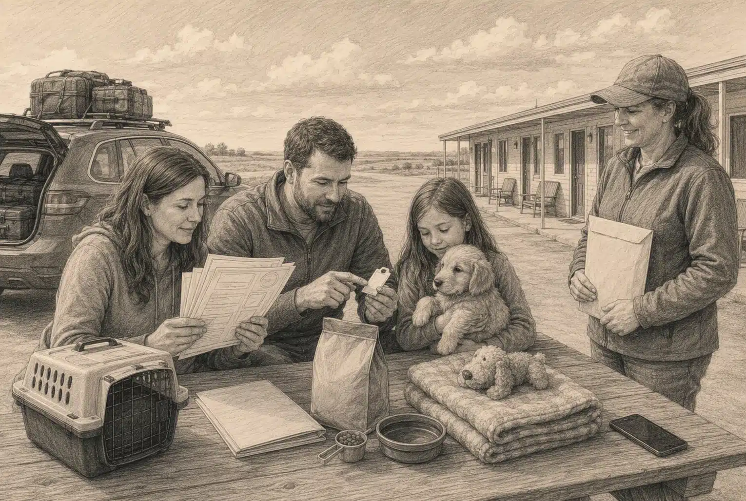 Family reviewing puppy papers at a motel picnic table